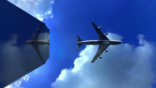Video 4096x2304 4K - A jet plane flying low over commercial office building skyscraper and reflects in its glass surface