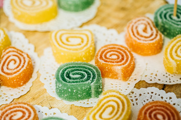 Dessert Sweet Tasty Yummy Colorful Jellies in Candy Bar On Table