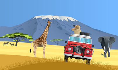 Safari truck in African savannah - obrazy, fototapety, plakaty
