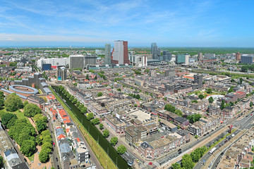 High angle view of The Hague downtown with skyscrapers from the panoramic terrace on the 42nd floor of Het Strijkijzer skyscraper, Netherlands