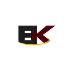 EK alphabet in grey and red with golden curve