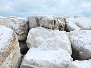 Snowy ice blocks close view - landscape color photo