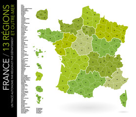 Fototapeta premium Carte de France / 13 régions / Départements avec numéros et liste