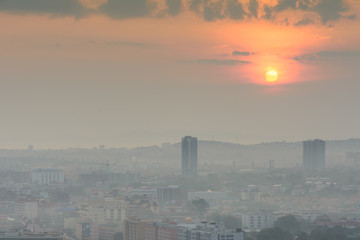 Fog over Pattaya city at sunrise, Thailand