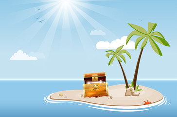 Desert island with palm trees and treasure chest