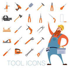 Tool icons set with a worker