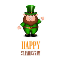Happy leprechaun waving hand. Saint Patricks Day Card.