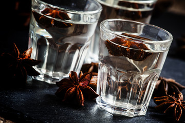Anisette, vodka made from anise, selective focus