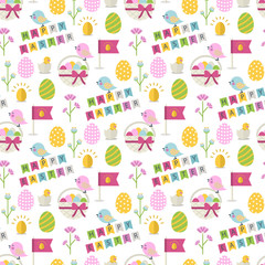  Happy Easter pattern with bird,eggs,basket with eggs,chicken in shell, flower,text Happy Easter on a white background