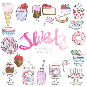 Watercolor sweets, desserts. Hand painted in pastel colors. Decorative elements of candy bar: ice cream (cone, popsicle), cupcakes, cheesecake, donut, fresh fruits, cup, popcake, cake, drink, lollipop