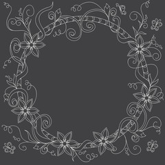 frame with doodle flowers and elements on the black background
