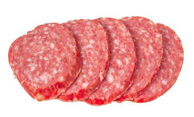 Smoked salami sausage. Sliced smoked sausage salami isolated on white background.