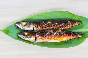 Japanese food style, Saba fish grilled the plate.