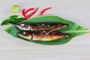 Japanese food style, Saba fish grilled the plate.