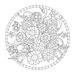 the flowers and butterfly in the circle