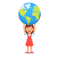 Cute girl holds planet earth over head