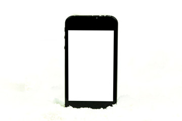 smart phone on snow on white background