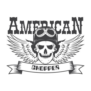 American chopper, emblem, motorcycle logo, skull with wings.