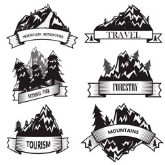 Set of mountain adventure and travel emblems. vector.