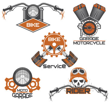Set of vintage motorcycle emblems, labels, badges, logos and design elements.  
