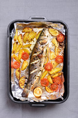 Baked vegetables and fish