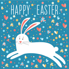 Happy easter card template theme. Funny cartoon white rabbit.