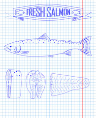 fresh whole one young salmon , fillets and steaks