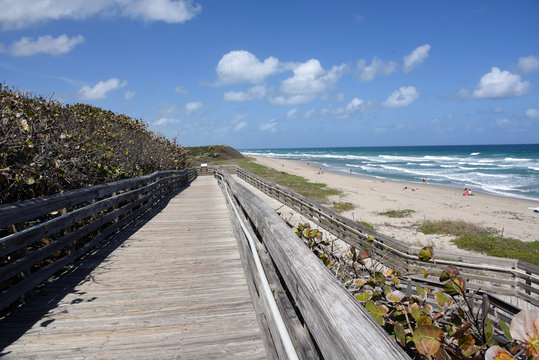 Old Wooden Boardwalk Provides Handicapped Access To The Beach At John D MacArthur State Park Near West Palm Beach, Florida.