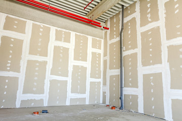 Plasterboard walls. Gypsum wall under construction.