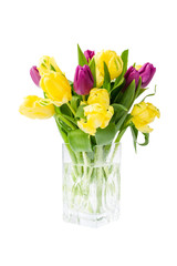 Bouquet of yellow tulips in vase, isolated over white background