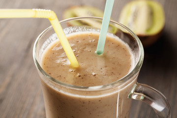 Closeup shot of fruit cocktail on a wooden table