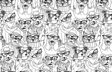 Cute dog fashion hipster black seamless pattern.