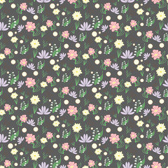 Seamless hand drawn floral pattern, dark background with small spring flowers. Vector illustration.