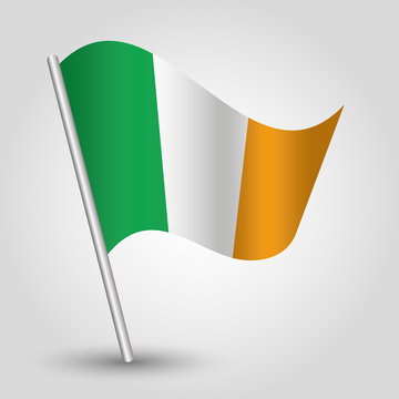 vector waving simple triangle irish flag on slanted silver pole - icon of ireland with metal stick