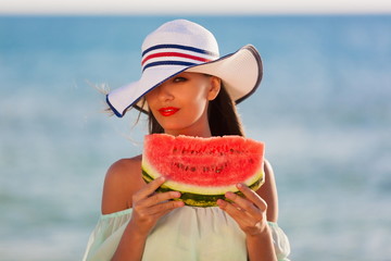 brunette woman watermelon sea
