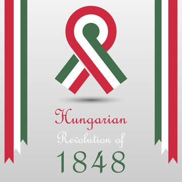 Illustration for the hungarian revolution of 1848 with cockade symbol, flags custom text. Symbol for Hungary's national day on march 15th.