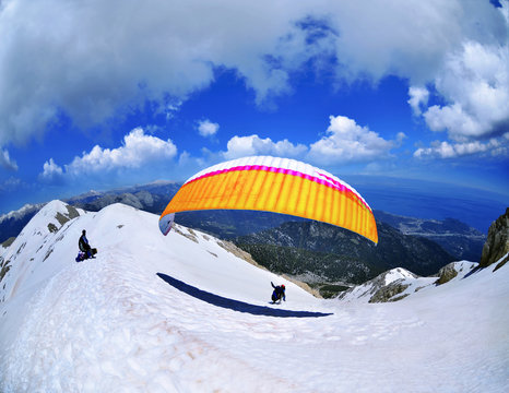  Paraglider flying from Tahtali mountain , Turkey
