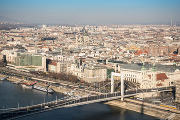 Fototapeta na wymiar Aerial View of Budapest and the Danube River with Elisabeth Bridge as Seen from Gellert Hill Lookout Point
