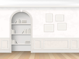 The wall room with arch, books and decorative wall panels - molding. Niche with the books on the shelves, decorated in a classic style.