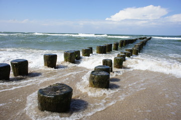 Morze Bałtyckie: drewniane słupy zalewane morską wodą i pianą