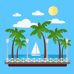 Seaside Promenade with Palm Trees and Yacht