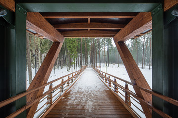 Wooden bridge in the forest park.