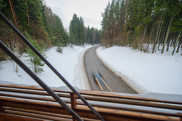 Obraz premium Wooden bridge in the forest park.
