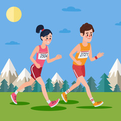 Marathon Runners. Man and Woman Running in the Woods and Mountains