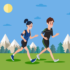 Man and Woman with Headphones Running in the Woods and Mountains