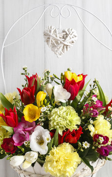 Bouquet of freesias, carnations and tulips