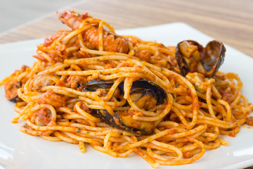 Plate of spaghetti with seafood
