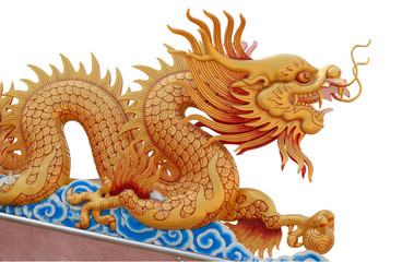 Golden dragon statue on white background in Ratchaburi province, Thailand