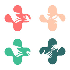 Abstract hand design sign. Vector love children logo. Cross logo. Hands logo. Hand icon. Hope symbol. Medic symbol. Helping children sign. Help and support those in need. Free medical care.