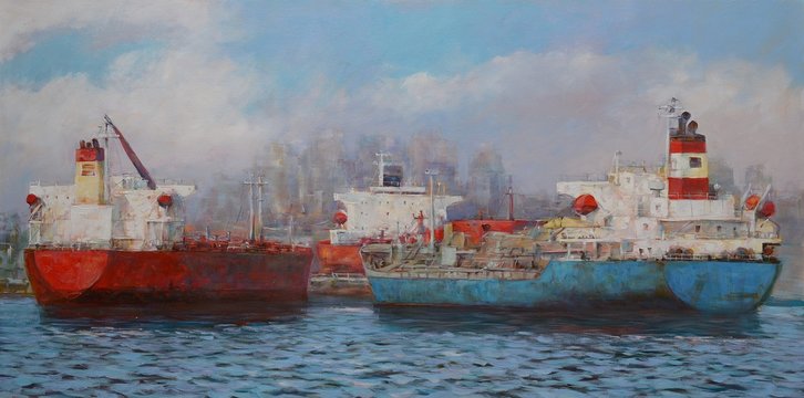 Tanker ships, classic handmade oil painting